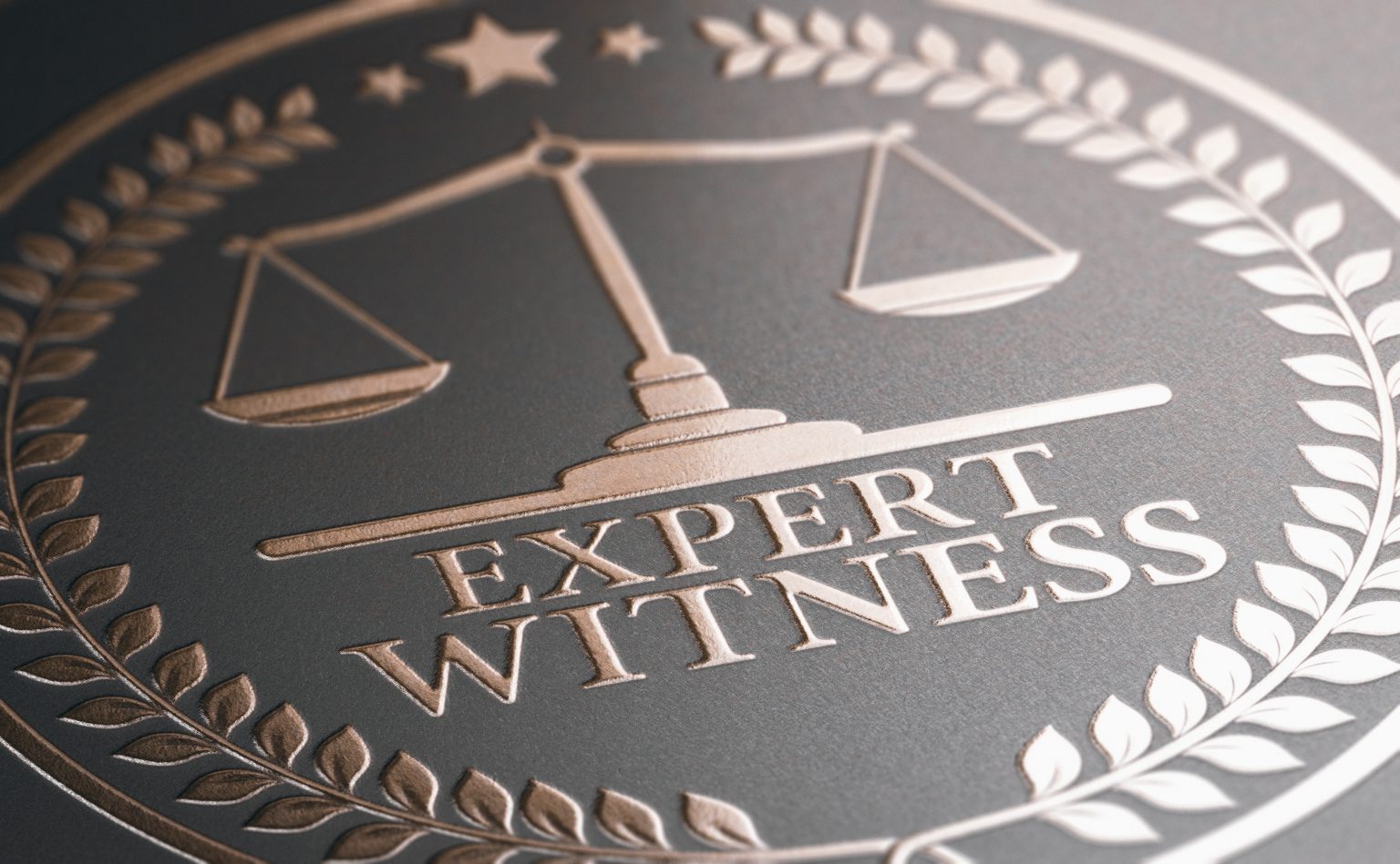 Expert witness emblem with scales and laurel.